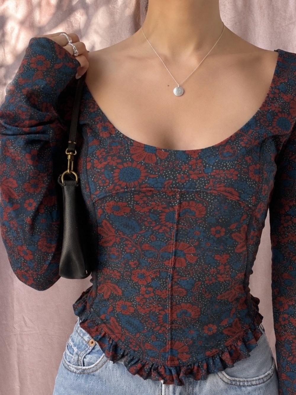 Free People Floral Bustier Corset Crop Top Ruffle Trim Size S